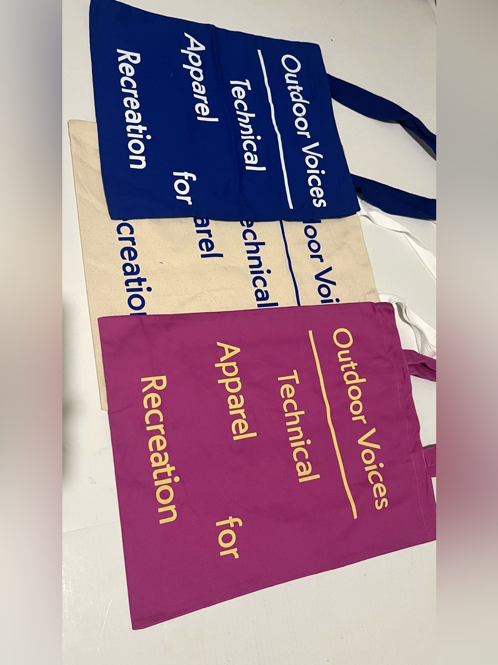 Outdoor Voices Canvas Tote Bag Bundle Set of 3 Signature Slogan Totes (NWOT)